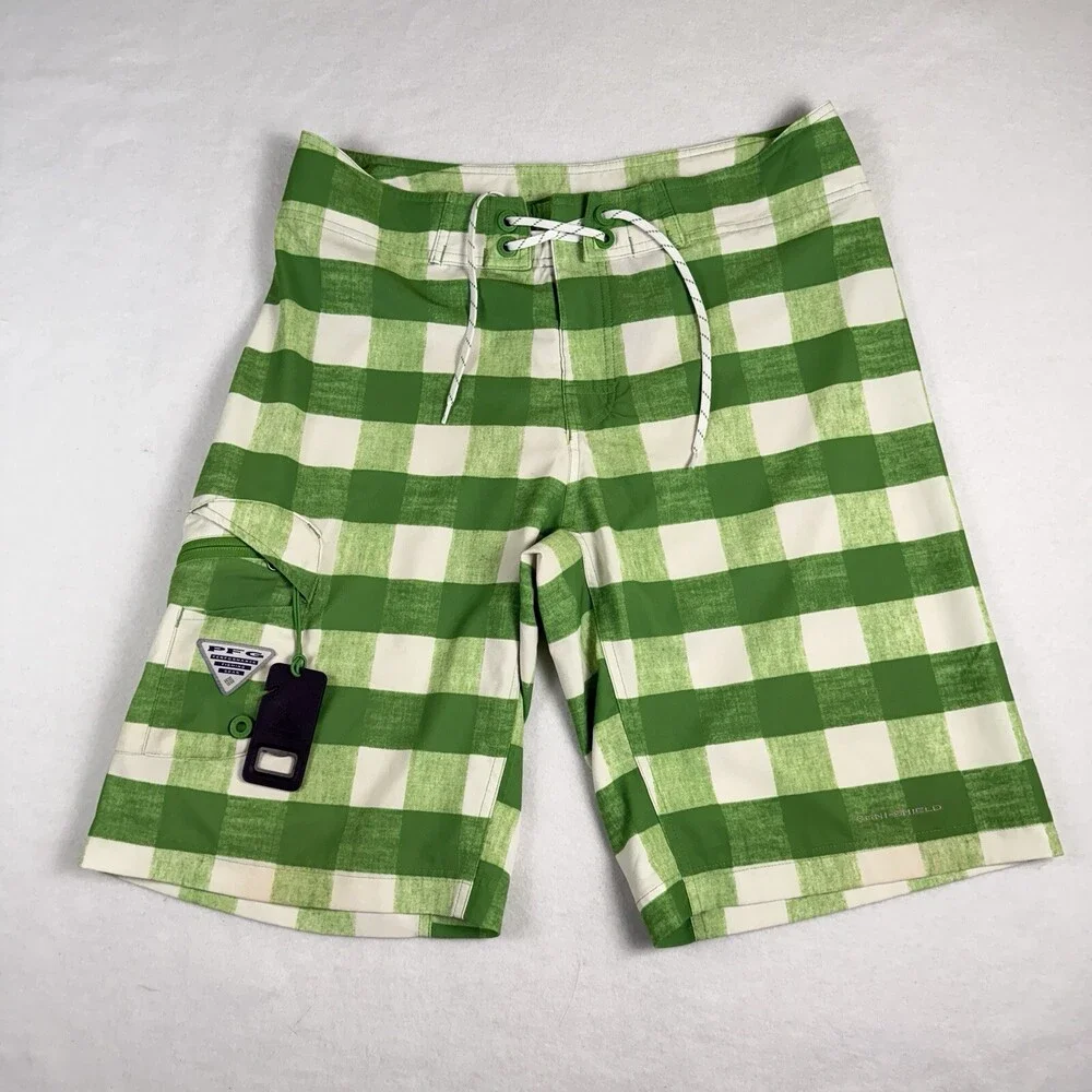COLUMBIA PFG Board Shorts Omni-Shield Stretch Green Plaid Fishing Mens 32x11